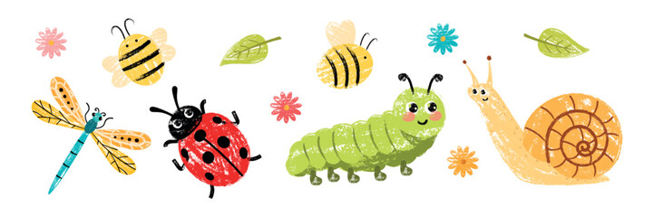 Cute kids vector set with crayon chalk garden insects. Funny caterpillar, ladybug, snail, bees and dragonfly isolated on white background. Perfect for children design. © Nadiia
