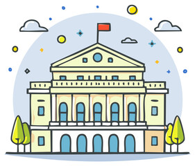 Obraz premium Stylized illustration of classical building facade with flag against cloudy sky in flat design style for architectural projects