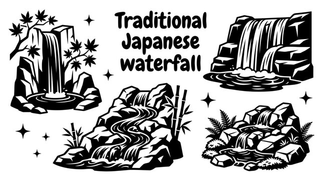 Traditional Japanese waterfall landscape isolated vector set, mountain stream and peaceful nature scene black and white sketch