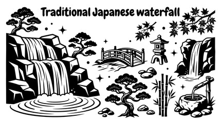 Fototapeta premium Japanese waterfall landscape vector collection isolated for natural scenery, mountain streams, outdoor travel, and peaceful environment themes. Black and white sketch style featuring flowing water