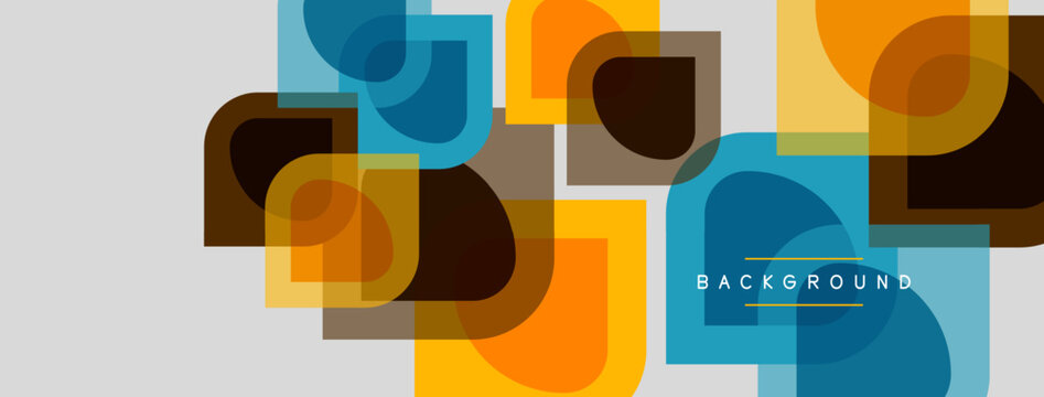 Abstract geometric shapes overlap, creating vibrant color blocks. Modern design with rounded rectangles, squares, warm tones.
