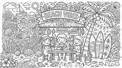 Obraz premium Whimsical beach cafe scene with surfers, palm trees, waves, and cheerful diners in a playful doodle illustration.