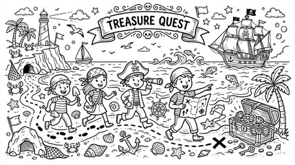 Obraz premium Whimsical Treasure Quest Beach Adventure with Friends and Doodles.