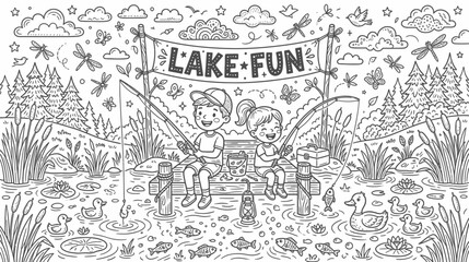 Obraz premium Whimsical lakeside campground scene with campers, boats, trees, and a banner reading Lake Fun.