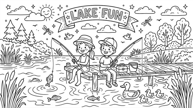 Two hikers or anglers fishing by a tranquil lakeside landscape with trees, hills, and calm water under a sunny sky.