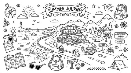Obraz premium Whimsical travel doodle scene of a road trip through mountains with backpack, camera, map and souvenirs.