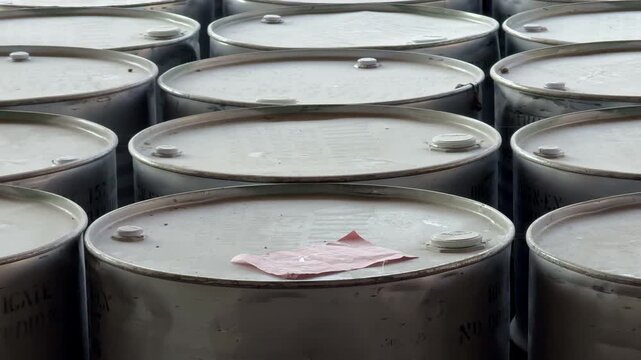 Close view of multiple chemical barrels stored in an industrial environment. Factory supplies, chemical storage, logistics, and warehouse operations.