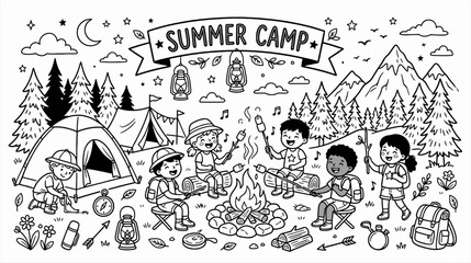 Obraz premium Vibrant Summer Camp Scene with Campfires, Tents, and Laughing Campers Outdoors.