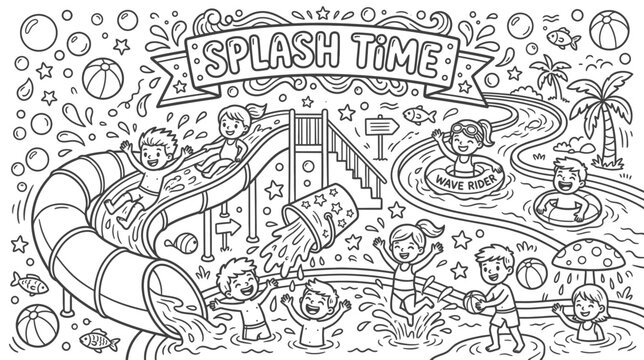 Splash Time at a Bright Water Park: Kids Laugh, Slides Zoom, and Families Enjoy Aquatic Fun Under the Sun.