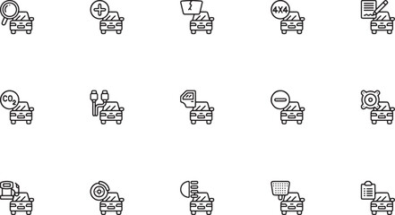 Fototapeta premium Automotive car repair and vehicle maintenance service outline vector icon collection featuring twenty four hour roadside assistance and engine diagnostics
