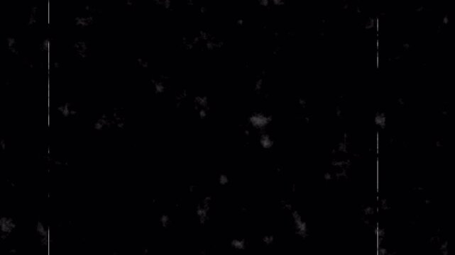 Noise, dirt, grain, dust and scratches on old damage film surface. Tv signal with bad interference, static noise background. Old film look on black background. 4K animation alpha channel