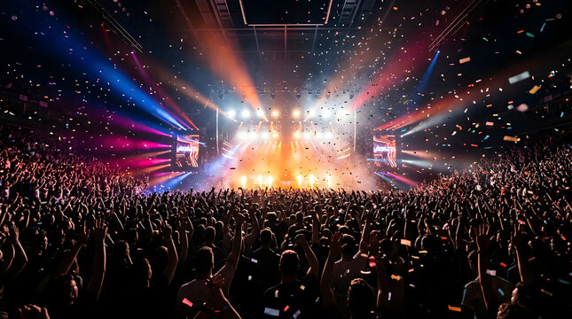 Hyperrealistic concert crowd with colorful stage lights, glowing confetti, dark silhouettes, cinematic smoke, and vibrant live music energy. AI Generated.