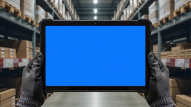 Tablet with chroma key blue screen held by warehouse worker for logistics software application and digital inventory management