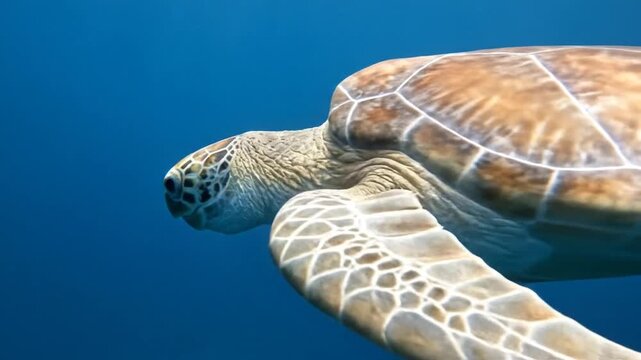 A sea turtle swims underwater with its head and flippers visible.