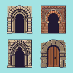 Naklejka premium Set of four historical stone archway vector illustrations