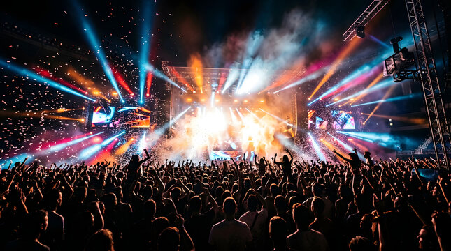 Hyperrealistic concert crowd with colorful stage lights, glowing confetti, dark silhouettes, cinematic smoke, and vibrant live music energy. AI Generated.