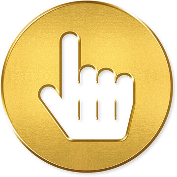 Hand cursor pointer icon with gold metallic 3D coin badge for hand cursor, click pointer, mouse hover, interactive cursor, web pointer on transparent background