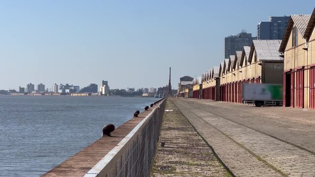 Armaz&eacute;ns do Cais Mau&aacute; dockside warehouses on the Porto Alegre waterfront along the Gua&iacute;ba River
