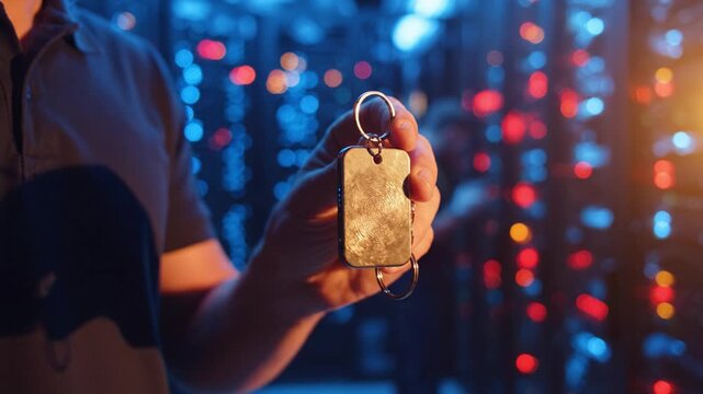 Close-up on a hand holding a metallic keychain tag inside a dimly lit data center, featuring colorful LED lights illuminating the background environment.