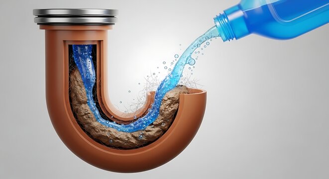 Blue liquid drain cleaner pouring into a clogged U bend pipe cross section.