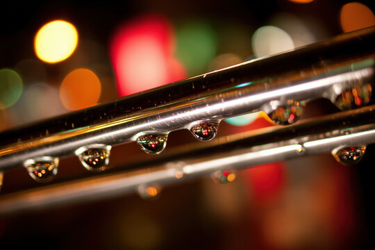 macro raindrops hanging from chrome railing with colorful city lights reflected inside droplets at night creating urban abstract mood for weather design nightlife backdrop with vivid bokeh