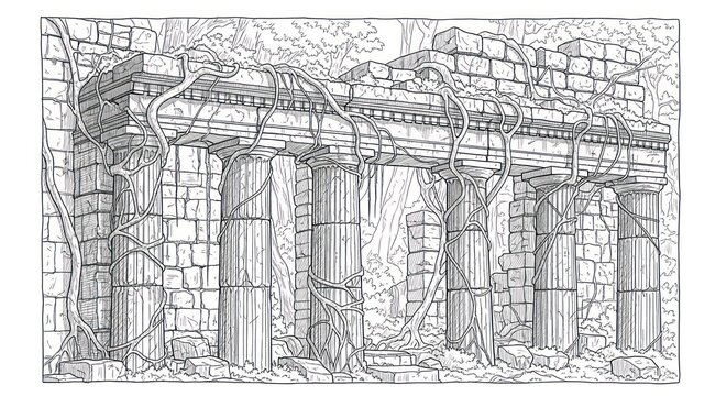 Detailed pencil sketch of ancient ruins with broken stone columns