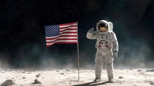 Astronaut saluting next to American flag on lunar surface. Space exploration concept on rocky moon landscape. Lockdown shot.