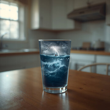 A drinking glass containing a raging ocean storm with waves and lightning on a kitchen table looks dramatic and surreal generative AI
