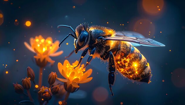 A bee collecting nectar from a vibrant yellow flower in a dark environment