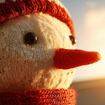 close up snowman face with carrot nose knitted red hat scarf glowing in warm sunlight for winter holiday greeting festive decoration cozy handmade christmas concept seasonal craft home decor