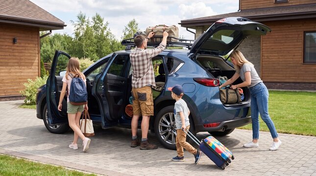 A family packs suitcases into their car trunk, preparing for a road trip vacation getaway. Concept of family travel, weekend journey packing, and summer relocation.