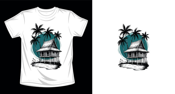 Traditional nipa hut house near palm trees on tropical beach.