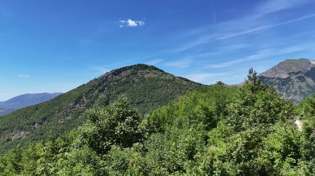 Montagna verde ricoperta da vegetazione fitta, con sentiero visibile sul versante e cime sullo sfondo sotto un cielo azzurro limpido
