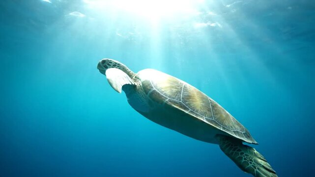 A sea turtle swims underwater with sunlight filtering through the ocean water.
