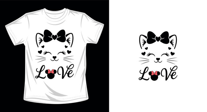 Cute cat face with bow and hearts love slogan, vector t-shirt design for cat lovers.