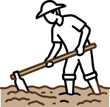 Farmer Working with Hoe in Soil, Rural Agriculture Concept