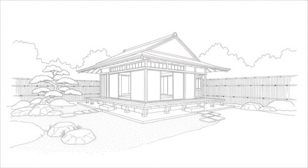 Fototapeta premium Traditional Japanese garden with a wooden building, landscaping, rocks, and trees