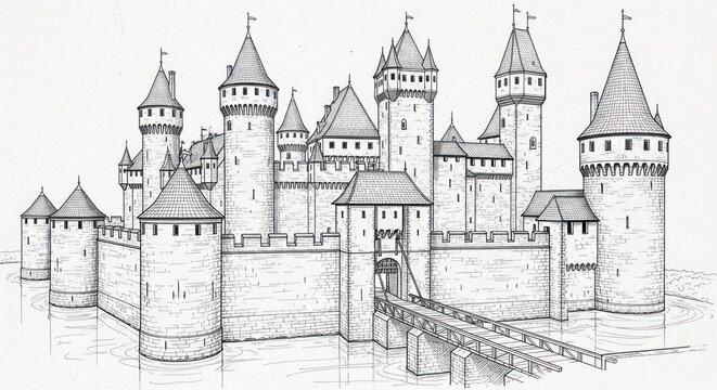Detailed drawing of a medieval castle with multiple towers and walls