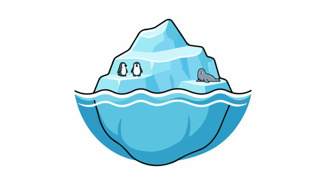 A cartoon-style illustration of an iceberg with two penguins and a seal