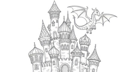 Fototapeta premium A medieval-style castle with multiple towers and a dragon flying