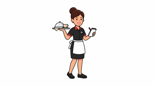 A cartoon of a smiling waitress holding a tray with a covered dish and cup, and a notepad