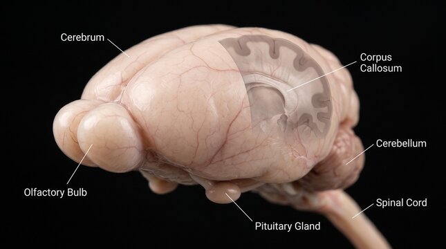 Detailed anatomical diagram of a mammalian brain with labeled parts like Cerebrum, Olfactory Bulb, Pituitary Gland, Cerebellum, Spinal Cord, and Corpus Callosum on a black background.
