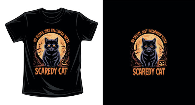 Scared cat graphic with moon and pumpkins for halloween t-shirt design.