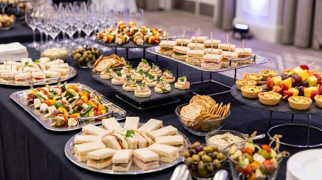 Elegant catering buffet featuring assorted gourmet sandwiches and snacks, fresh finger foods, stylish event setting, professional hospitality presentation