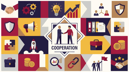 Fototapeta premium Flat Design Vector Illustration of Business Concepts: Cooperation, Teamwork, Success, and Innovation Icons Arranged in a Grid Layout