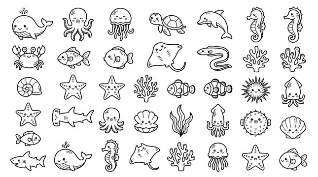 Sea creatures icons set ocean animals.