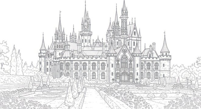 Elegant fairy tale castle with multiple towers and detailed stonework