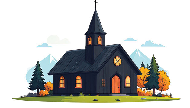 A black church building with steeple.