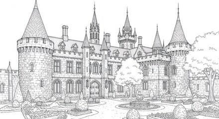 Obraz premium Sketch of a fairy tale castle with towers, courtyard, and trees
