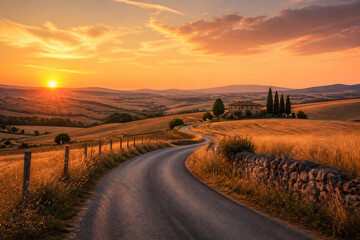 Fototapeta premium A winding country road curves through golden fields at sunset in a rolling countryside landscape.